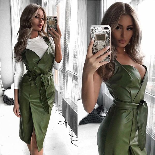 

casual dresses women sashes pu leather club dress back cross spaghetti strap fashion lady elegant knee length 2021 vintage v neck, Black;gray