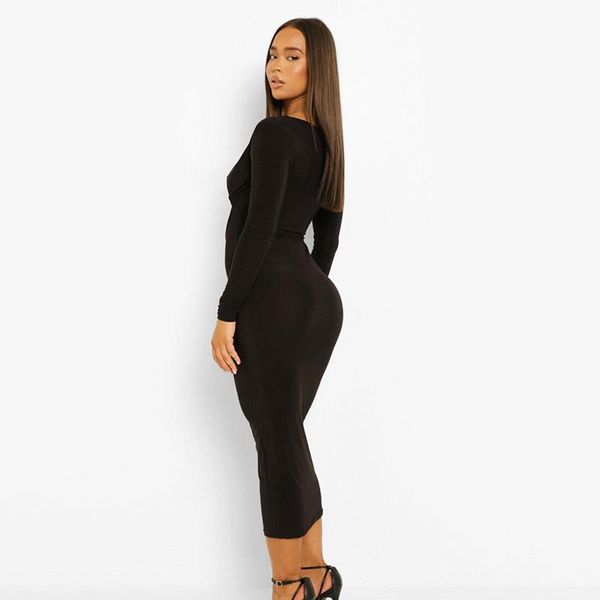 

casual dresses women summer y2k black midi dress bandage hollow out long sleeve gothic bodycon party club prom night robe, Black;gray
