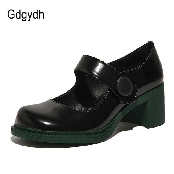 

gdgydh dark green chunky heel mary janes shoes for women mid bright leather office casual female spring dress, Black