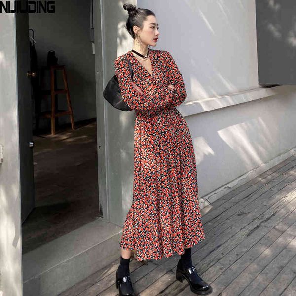 

elegant v-neck women's dress full sleeve elastic waist female chiffon spring long vestidos femee 210514, Black;gray