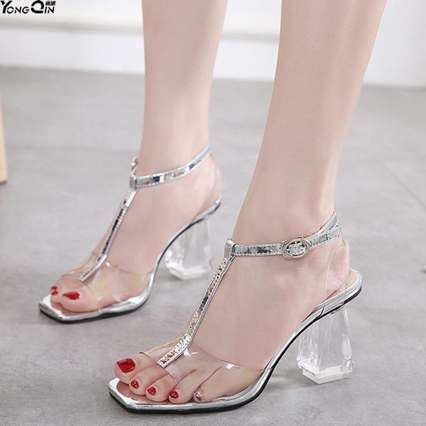 

summer crystal transparent high heel sandals thick woman sandal shoes, Black