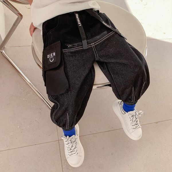

children jeans boys baby causal patchwork cowboy denim pants spring 2021 korean fashion for older, Blue