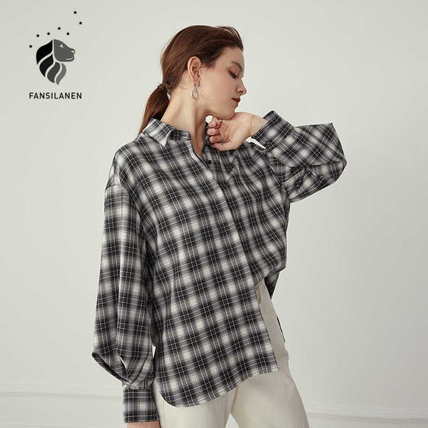 

fansilanen casual loose plaid blouse shirt women lantern sleeve vintage button up female autumn winter office elegant 210607, White