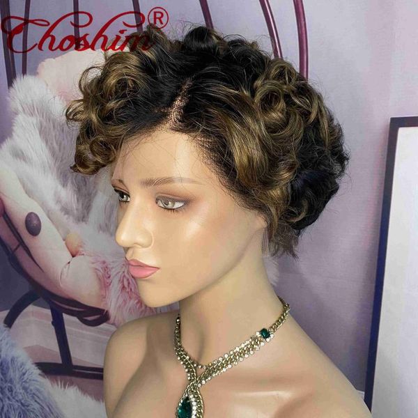 

lace wigs short pixie cut human hair for women bouncy curly 150% density 13x4x1 remy brazilian side part bob front, Black;brown