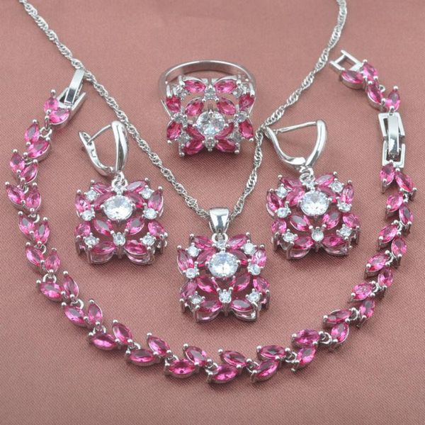 

earrings & necklace 2021 quality rose red zirconia women's wedding silver color jewelry sets bracelet pendant ring yz0363