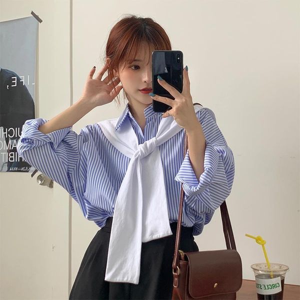 

women's t-shirt autumn 2021 retro hong kong style loose mid-length salt shawl striped lapel long sleeve shirt for women, White