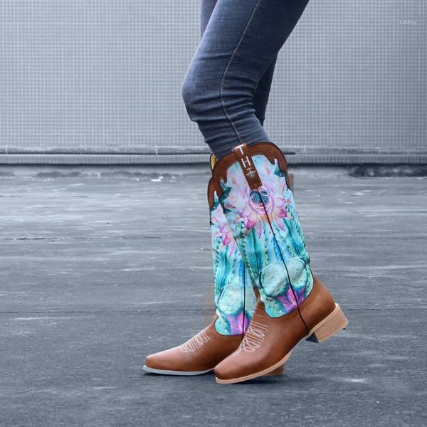 

boots fashion western 2021 brown knee high slip-on low heels riding women shoes printed flower female long1, Black