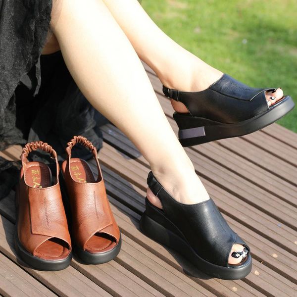 

sandals women leather peep toe summer shoes for high heels wedge slip on lazy handmade genuin, Black