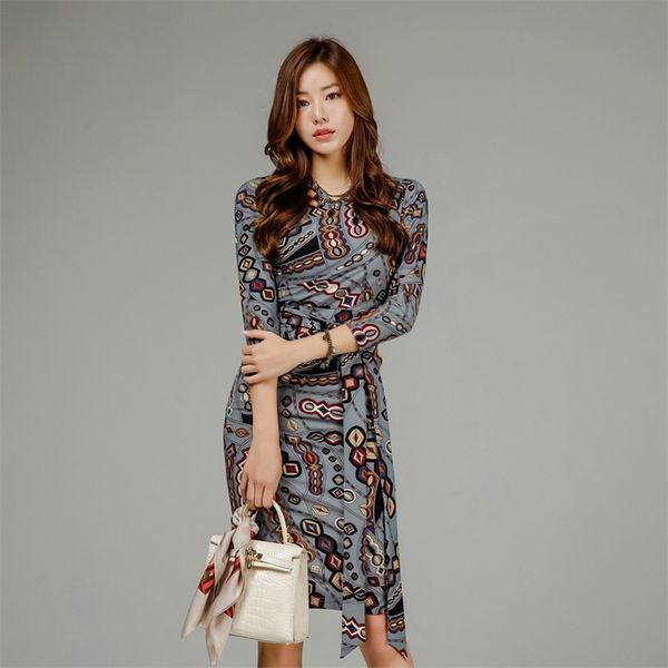 

vintage print dress autumn women elegant wear to work vestidos business bodycon long sleeve slim 210514, Black;gray