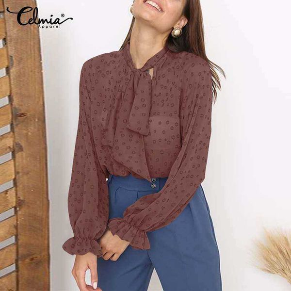 

women's blouses & shirts blouses casual tie-up collar bandage celmia fashion water drop swissdot summer flare sleeve holiday thin tuni, White