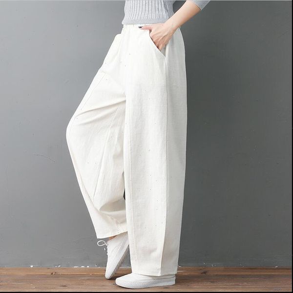 

large size women capri 6xl 7xl summer casual loose long autumn high elastic waist cotton linen wide leg pants lantern, Black;white