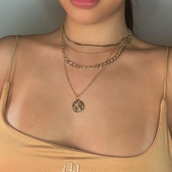 

pendant necklaces korean simple earth necklace for women gold color multi layer chain choker wedding jewelry gifts, Silver