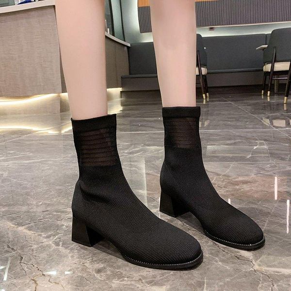 

boots black knitting stretch fabric chunky heel ankle for women sock shoes 2021 women's autumn short booties female