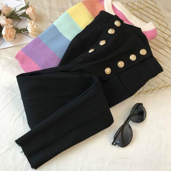 

black jeans autumn winter womens capri double breasted zipper high waist stretch denim skinny trousers mujer, Black;white