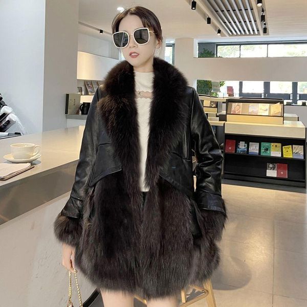 

women's fur & faux lugentolo balck coat women winter mid-length stitching leather jacket korean fashion thick warm trim, Black