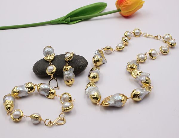 

guaiguai jewelry freshwater cultured gray keshi pearl white round pearl with gold plated edge handmade necklace bracelet earrings jewelry se, Silver
