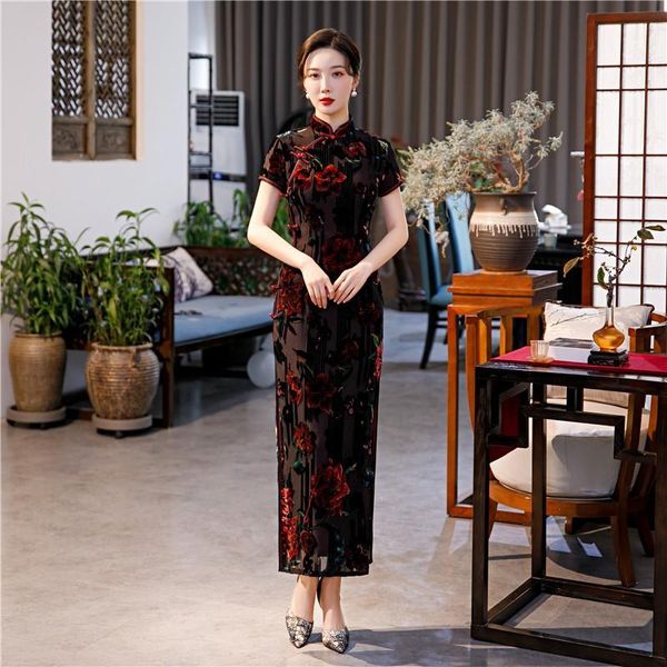 

ethnic clothing plus size 3xl 4xl chinese cheongsams velour female qipao floral mandarin collar dresses side split slim banquet vestido, Red