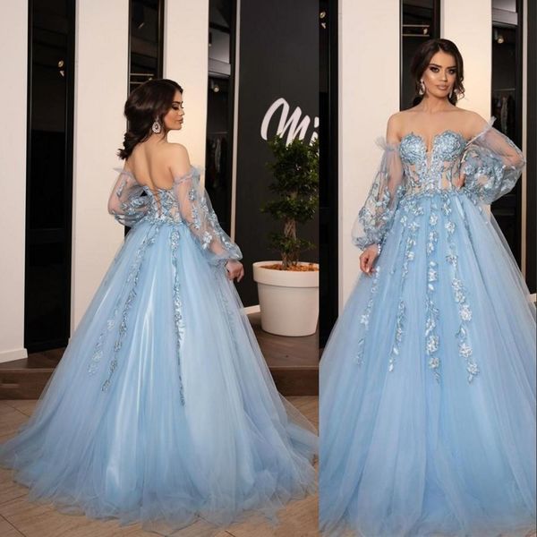 

2021 light blue ball gown quinceanera dresses off shoulder illusion lace appliques 3d floral sweep train party prom evening gowns corset bac, Blue;red