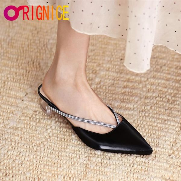 

orignice bling crystal transparent high heel mules women pointed toe sandal slippers summer party outside cozy shoes dress, Black