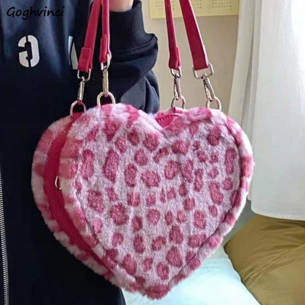 

evening bags shoulder women rosy leopard crossbody zipper love heart shape faux fur fluffy soft sweet students all-match daily handbags