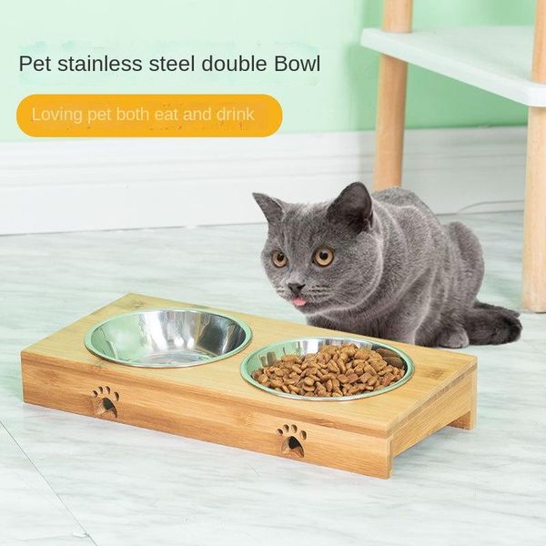 

cat bowls & feeders bamboo pet cats double bowl ceramic stainless steel dog rice basin water