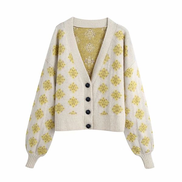 

women elegant floral print buttons knitting sweater female chic basic v neck lantern sleeve casual cardigans 210520, White;black