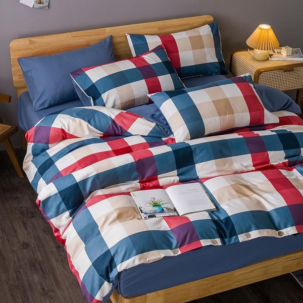 

bedding sets set plaid stripe print quilt cover sheets pillowcase button duvet covers 3/4pcs full  king size home textile
