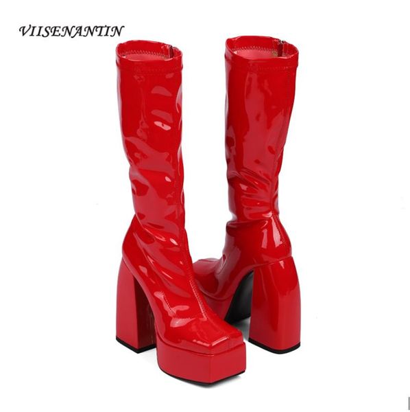 

boots style solid color side zipper high-heeled for fall/winter fashion square toe patent leather thick-heeled high, Black