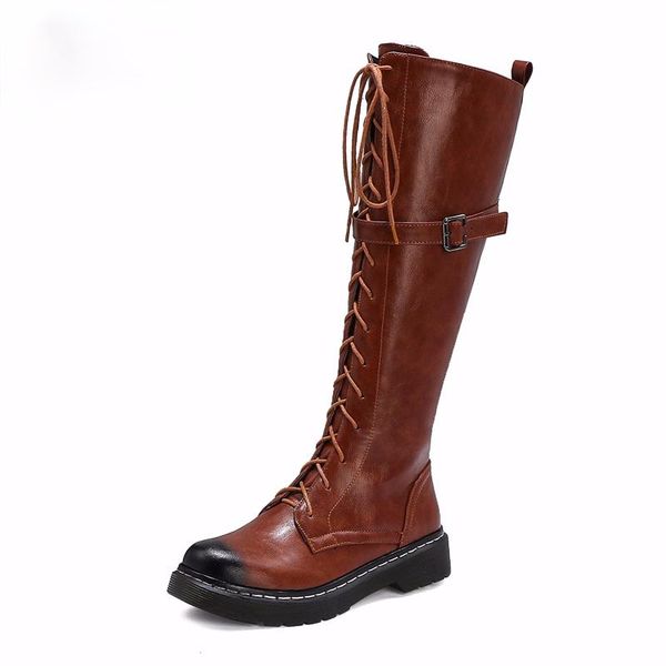 

boots 2021 woman fashion spring autumnr knee-high leather lace up gothic vintage style punk buckle military combat, Black