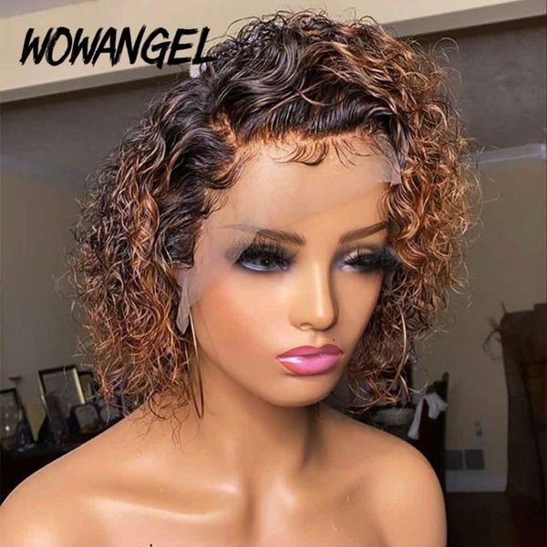 

lace wigs pixie cut wig front human hair ombre brown color short curly pre plucked bleached knots bob closure, Black;brown
