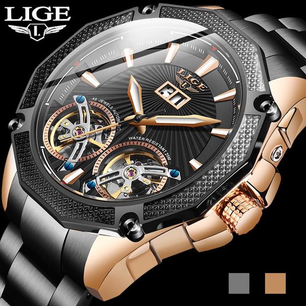 

wristwatches reloj hombre 2021 lige clock mens watches military waterproof wrist watch men tourbillon mechanical, Slivery;brown