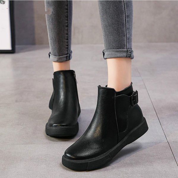 

boots 2021 leisure style black pu leather women flat booties soft women's shoes side zip ankle zapatos mujer big size 42