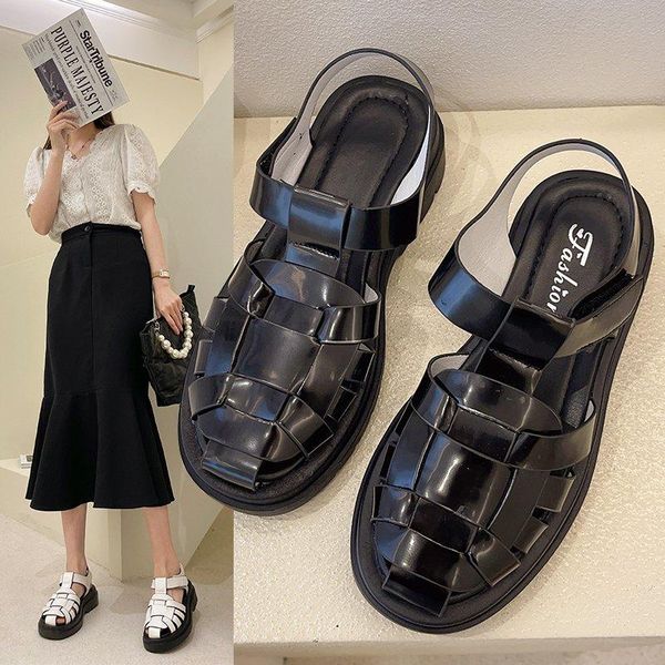 

summer shoes woman platform sandals women soft leather casual open toe gladiator square heel dress, Black