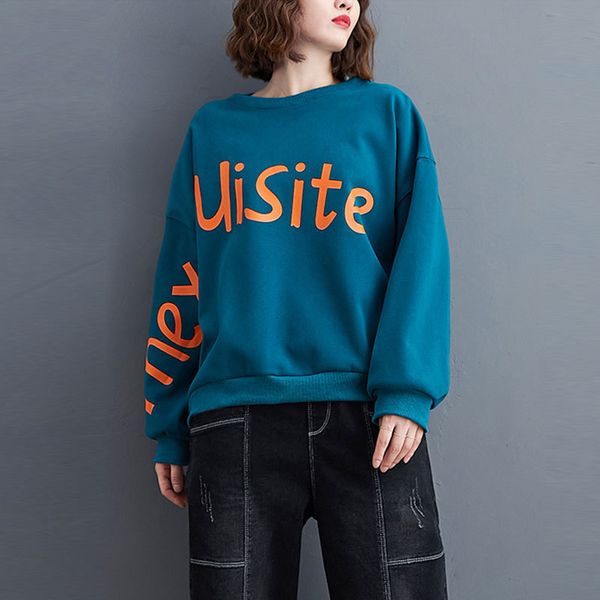 

autumn female fashion loose-neck thicken pullovers letter print all combined casual hoodie big size s2, Black
