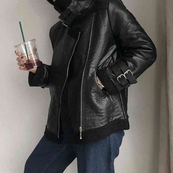 

women's leather & faux long sleeved back leather jacket of the fake plain woman sleeve loose clothes thin black ladies 11mh
