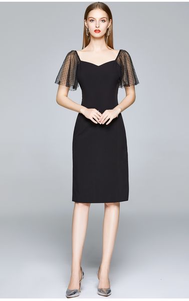 

women dot butterfly sleeve elegant black pencil es summer v-neck v back slim fitted office ladies midi vestidos, Black;gray