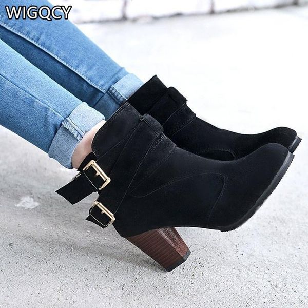 

boots 2021 spring and autumn large size 42 round head middle heel thick belt buckle side zipper bare d1545, Black
