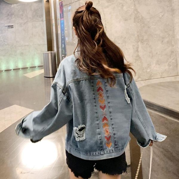 

women's jackets sexemara fashion the loose embroidery hole wash wild denim jacket, Black;brown