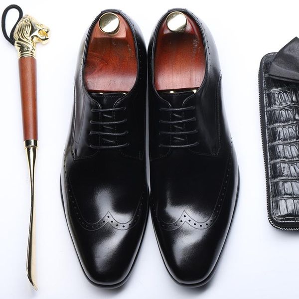 

dress shoes genuine leathher pointed toe oxford for men fashion lace-up mens bullock carved business formal shoe f95, Black