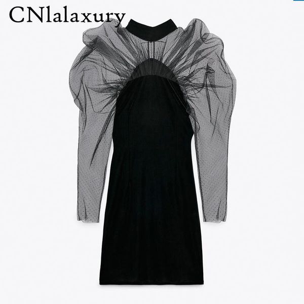 

casual dresses 2021 women perspective pleats mesh yarn patchwork velvet bodycon mini dress female high street party vestido, Black;gray