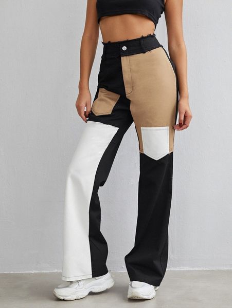 

colorblock high waist straight leg pants e8oq#, Black;white
