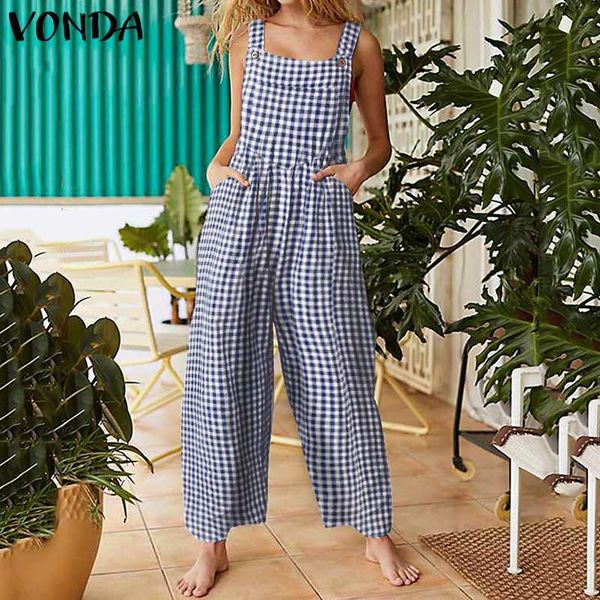 

summer party jumpsuit plaid overalls women rompers with pockets vonda 2021 ladies wide leg pants long trousers playsuits s-5xl, Black;white