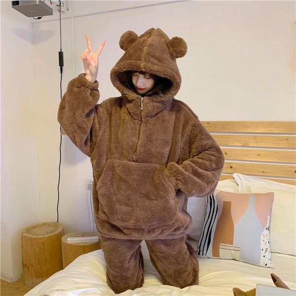 

women's two piece pants pajamas suit thickened plush autumn and winter cute bear loose casual dormitory set to keep warm, White