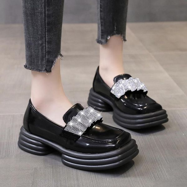 

dress shoes rimocy 2021 crystal med heels loafers women square toe slip-on platform single woman autumn shallow casual, Black