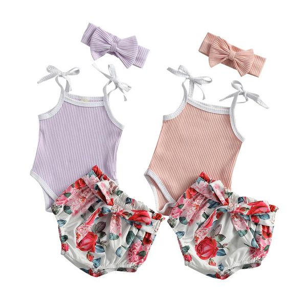 

clothing sets focusnorm 0-12m born baby boy girl clothes sleeveless strap bodysuit floral shorts headband 3pcs, White