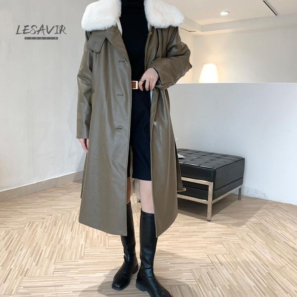 

women's fur & faux 2021 winter liner imitation trench coat long high-end leather slim-fit korean bandage jacket parker, Black