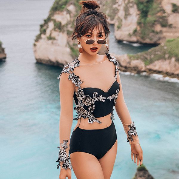 

swimsuit rashguard piece bath facts women's summer maids longo embroidery long swimwear, White;black