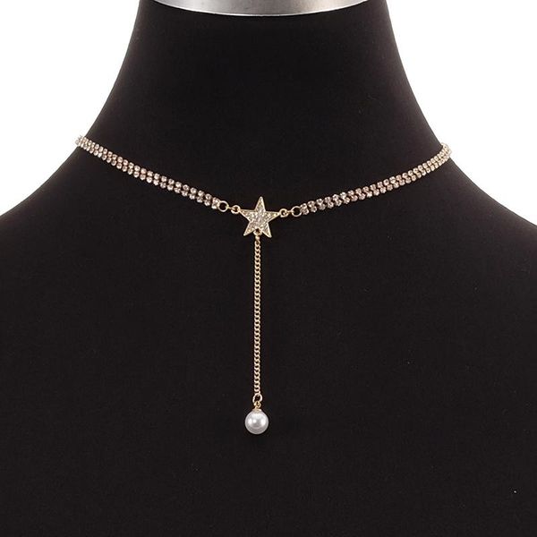 

chains trendy drop fashion metal chain rhinestone star white pearl chocker necklace jewelry for women party, Silver