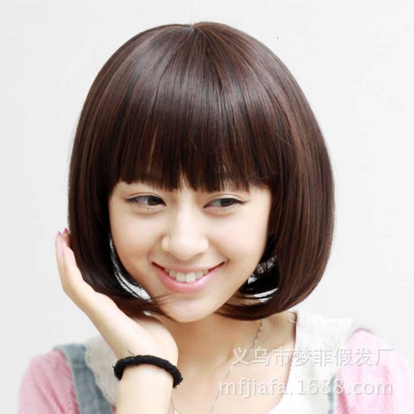 

female bobo head student short hair straight bangs wig cover, Black