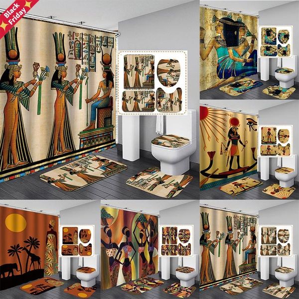 

ancient egyptian women shower curtain polyester fabric 4 piece bathroom diy decor retro design carpet cover toilet mat curtains